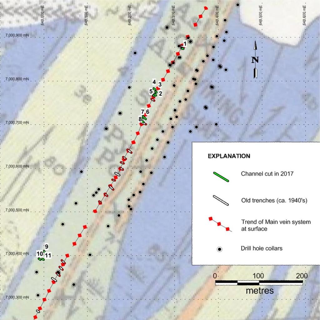 Trenching has effectively located the surface trace of the Main zone. Saw cut continuous channel sampling was conducted in limited areas in 2017.