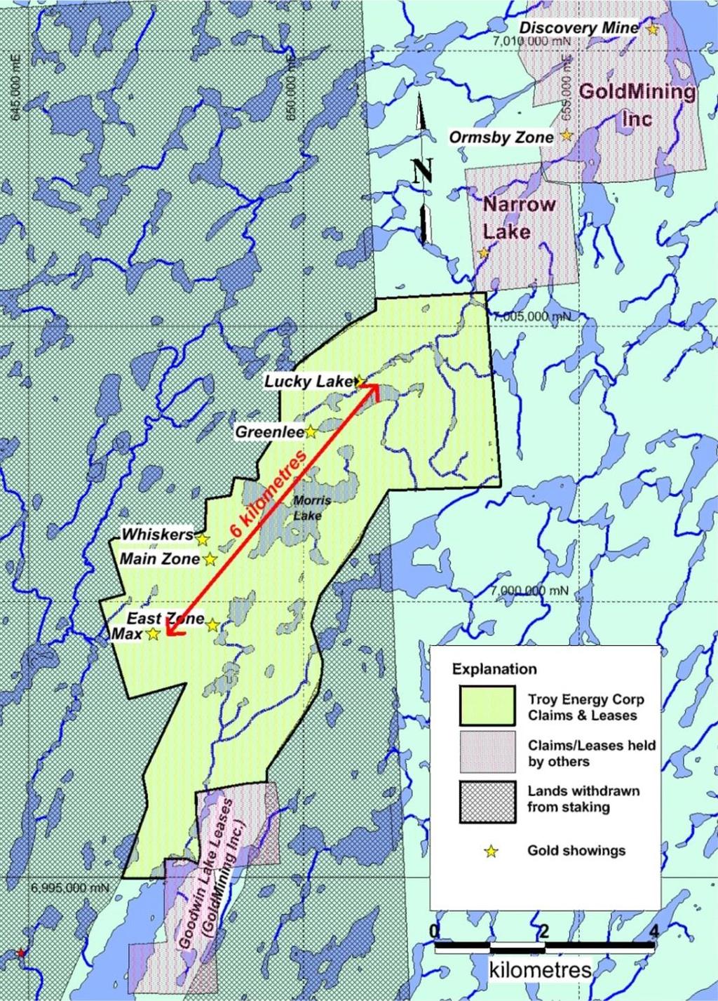 Troy Energy: apart from the Main zone, which has a drill indicated resource potential of 500,000 tonnes averaging 10 g/t gold, other drill tested gold showings occur on the property : namely, East