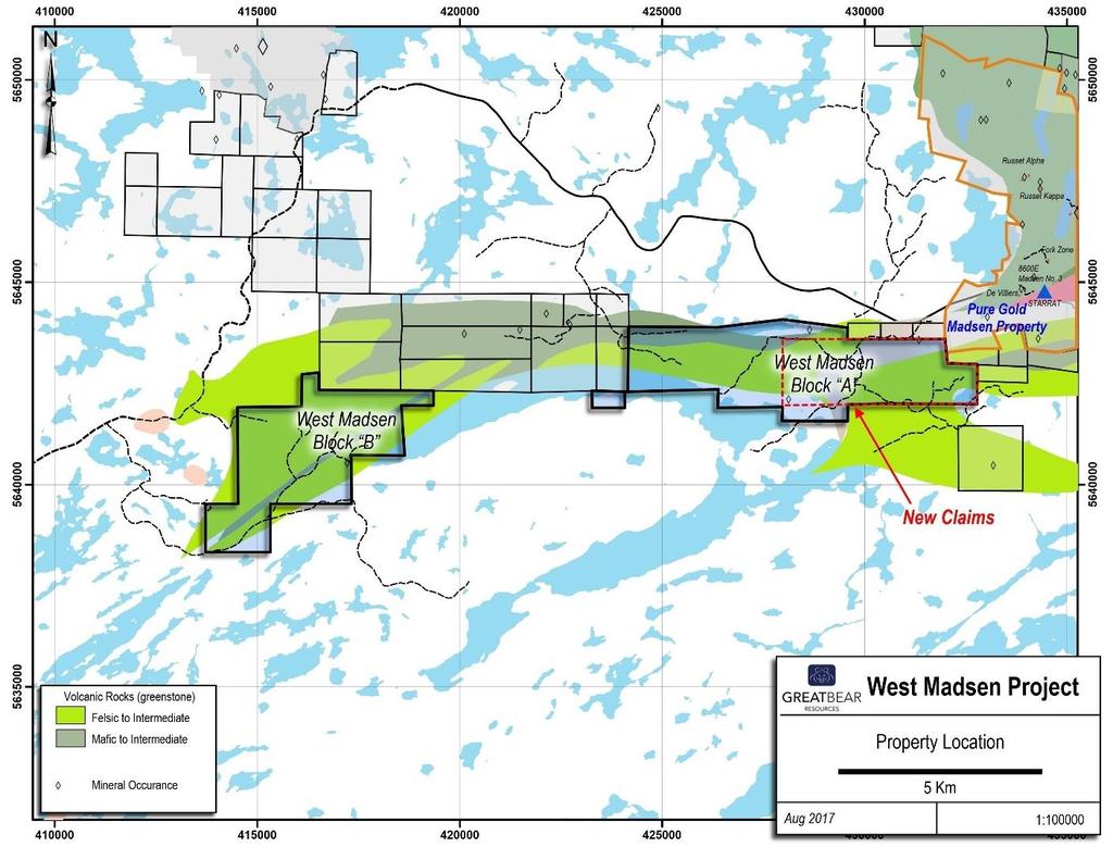 West Madsen project (100%) Within Greenstone belt host to the adjacent historical Madsen and Starratt Olsen mines Recent eastern
