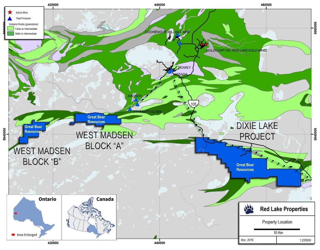 Dixie Lake project, geology & location Similar geological setting to the Active Mine and active exploration projects. (Mafic-Felsic sequences within the Red Lake Greenstone Belt (RLGB).