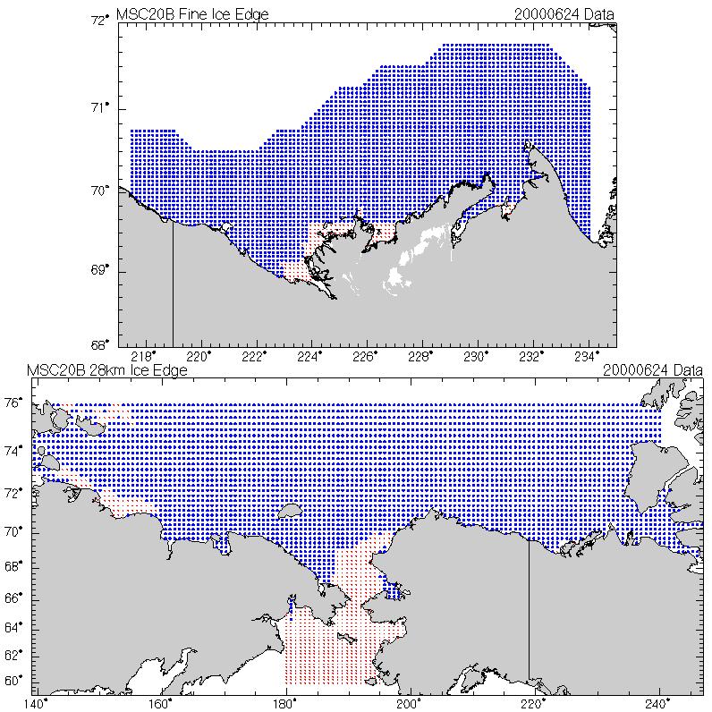 Comparison of weekly ice edge (blue represents greater than 50% concentration) valid June-24-2000 from the Canadian Ice