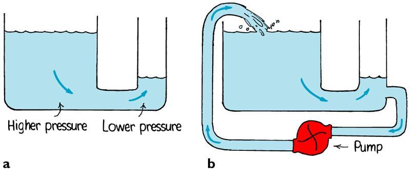 Current Water flows from the reservoir of higher pressure to the reservoir of lower pressure; flow stops when the