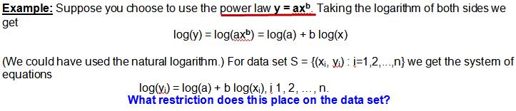 Next let A = log(a) and B = b and we can write the matrix form of the over determined linear system as and