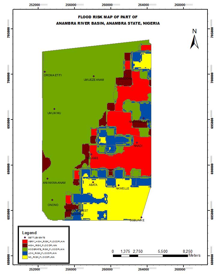 Figure 3.0: Flood Risk Map of the Study Area Table 1.0 shows the different areas of flood risk and the percentage of the total areas occupied.