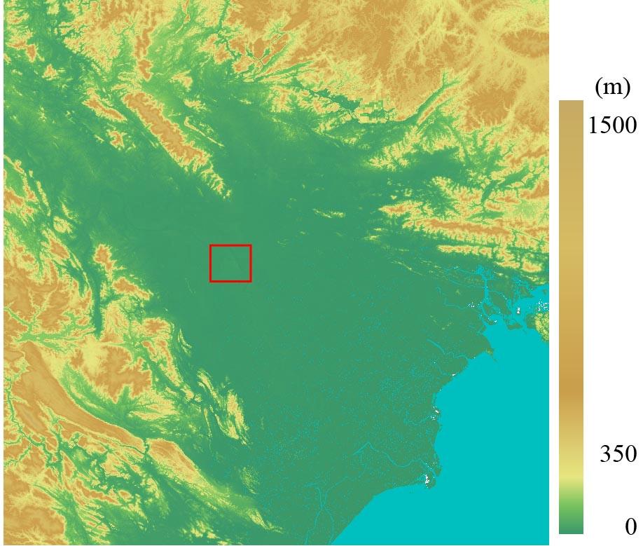 (a) (b) Figure 1: Visualization of SRTM-3 data. (a) Elevation data of areas surrounding Hanoi City from SRTM-3 data. (b) Visualization of SRTM-3 data in central Hanoi City using an image analysis.