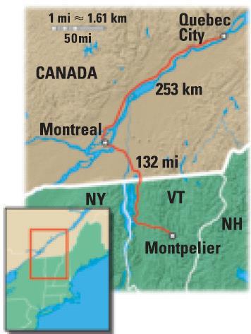 EXAMPLE 6 Use unit analysis with conversions Driving Distance The distance from Montpelier, Vermont, to Montreal, Canada, is about 132 miles.