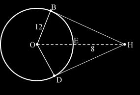 Circle O with tangents HB and HD is shown. BO = 12, and EH = 8.