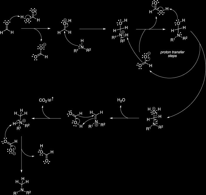 Transformácia predstavuje redukčnú amináciu a jedná sa o nasledovný sled reakcií: a) adíciu amínu na protonovaný aldehyd, (b)