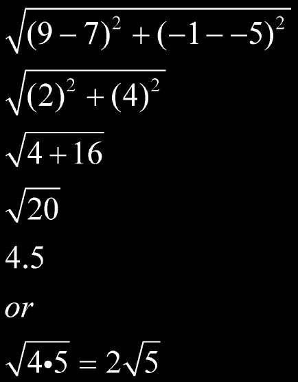 Slide 8 / 14 3 Find the distance between (7, ) and (9, -1). Round answer to the nearest tenth. Slide 8 () / 14 3 Find the distance between (7, ) and (9, -1). Round answer to the nearest tenth. Slide 9 / 14 pplications of the Distance Formula How would ou find the perimeter of this rectangle?