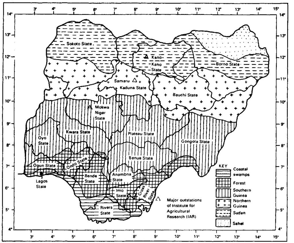 Figure 1. Main ecological zones, states, and major out-stations of Institute for Agricultural Research (IAR) in Nigeria. ( F i g. 2).