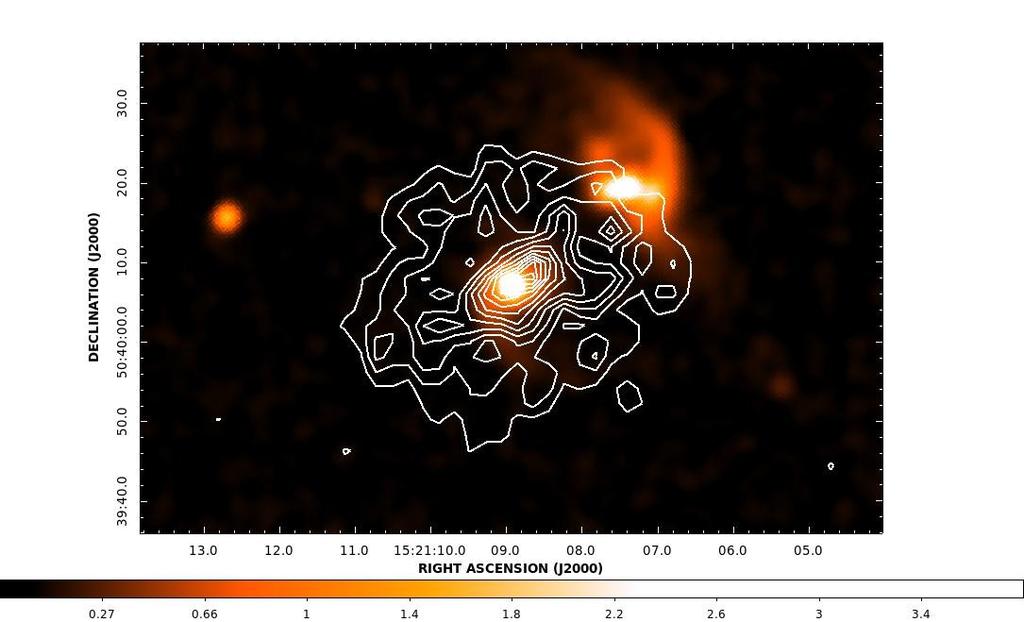 Chandra X-ray emisison around CG692-693 In the Chandra image the emission is concentrated on CG693 and with the AGN (Sy1 nucleus). Extends to twice optical radius (~20kpc).