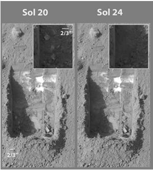 In 2008 the Mars Phoenix Lander found water ice and perchlorate salts near Mars north pole. Dug into the soil and found subsurface water ice. Saw water snow falling from cirrus clouds.