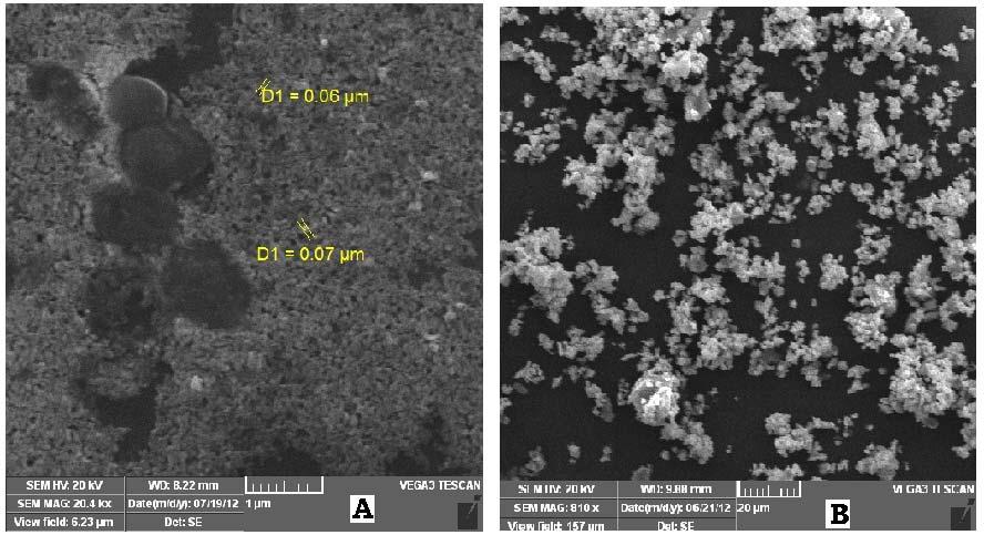 Figure 4 (a & b): SEM images of silver nanoparticles synthesized using Amaranthus dubius FTIR spectra of aqueous silver nanoparticles prepared from the aqueous extract of A. dubius shown in fig.5.