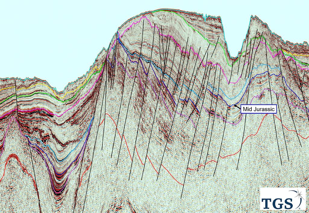 Figure 4 Seismic line showing anticlines and salt flank pinchouts as a result of salt movement in the Majunga Basin. References Esri Inc. [2015] ArcGIS REST Services Directory - Ocean Basemap.