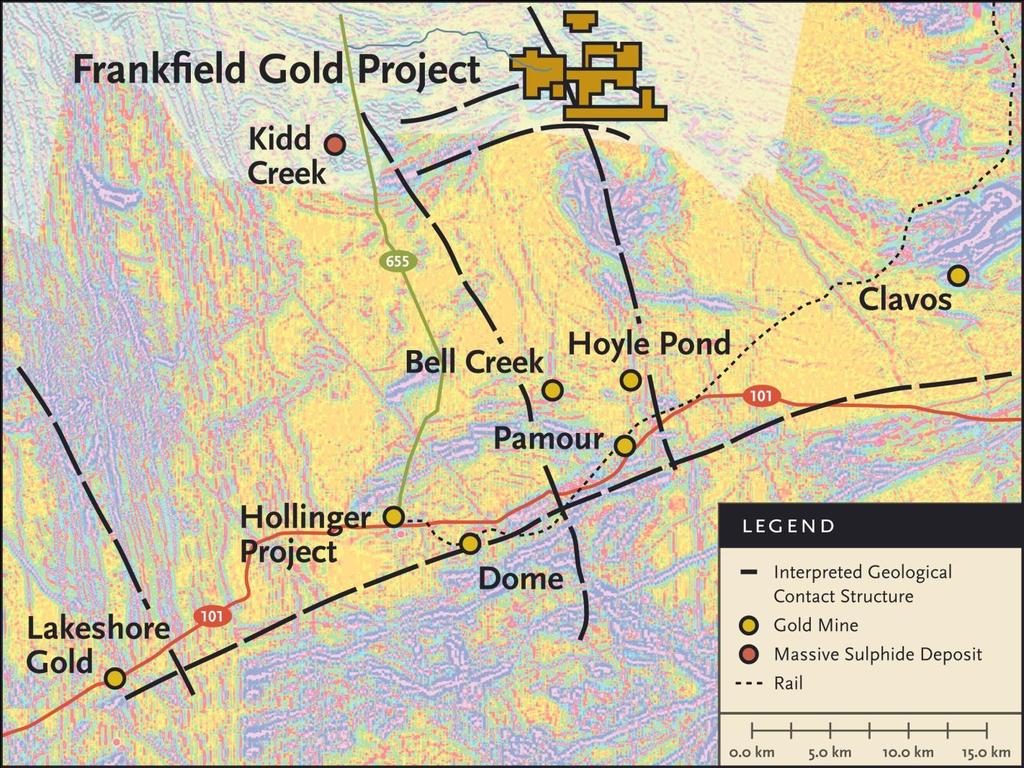 Frankfield Property Gold Country Located on significant shear structure that appears to be offset from historic Porcupine- Destor fault