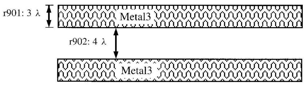 4.2.11 Metal3 Metal3 design rules are r701 Metal3 width: 3λ r702 Between two metal3: 4λ r710 Minimum surface: 32λ 2 The illustration is shown in Fig. 4.14.