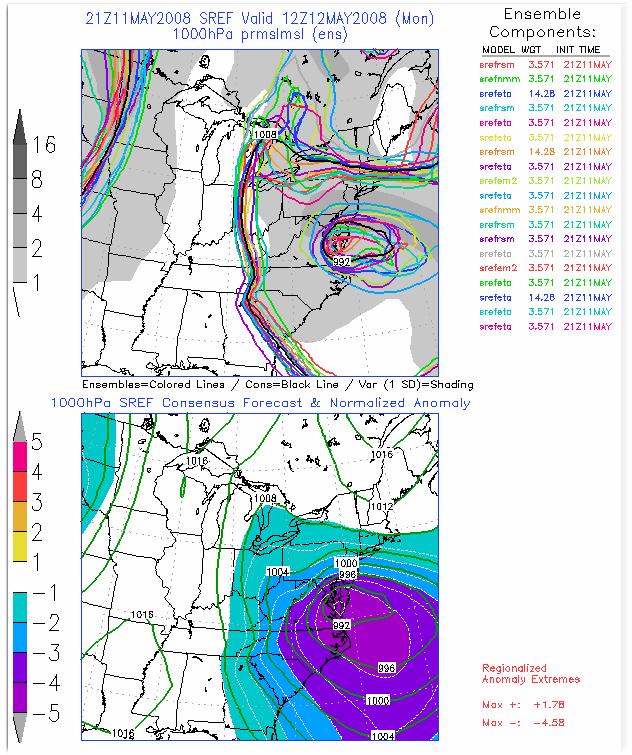 Figure 18 SREF forecasts initialized at 2100 UTC 11 May 2008 valid at 1200 UTC 12 May