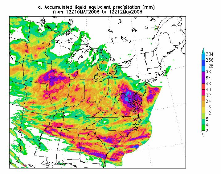 Figure 2. National Weather Service Stage-IV precipitation analysis (mm) showing accumulated rainfall from 1 hour estimates from 1200 UTC 10 May to 1200 UTC 12 May 2008. (Fig. 2).