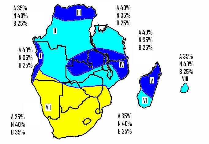 Figure 2: SADC January March 2010 Rainfall Forecast Zone I: (Extreme western parts of Angola): Increased chances of above normal to normal rainfall Zone II: (Most of Angola, most of central DRC, most