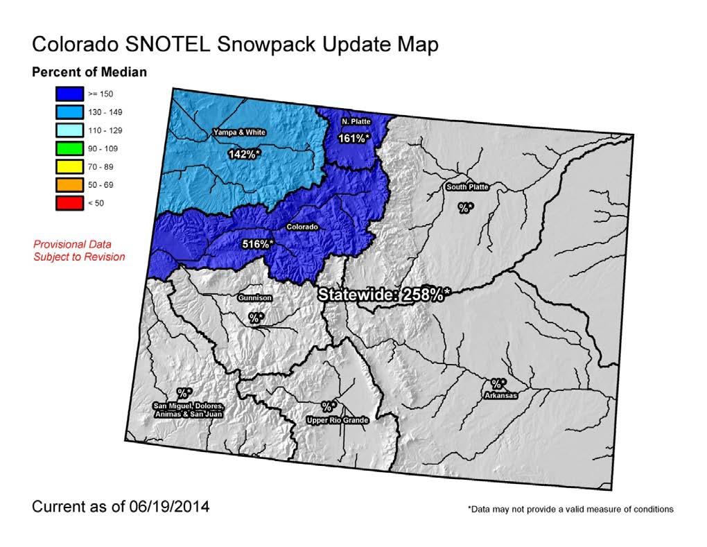 CURRENT STATEWIDE SNOWPACK AS OF JUNE 19, 2014: Map prepared by the USDA Natural Resources Conservation Service Snow Survey: