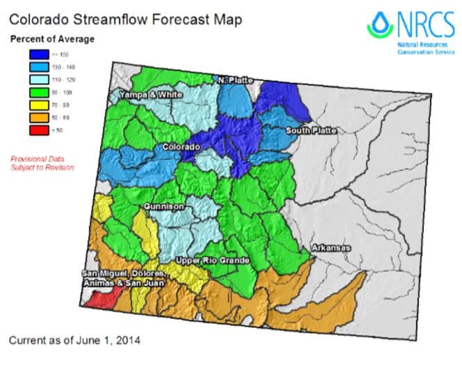 USDA NRCS FORECAST STREAMFLOW FOR JUNE-TO-JULY 2014 (JUNE 1): The USDA released its Colorado Water Supply Outlook Report on June 14, which included the streamflow forecast map above.