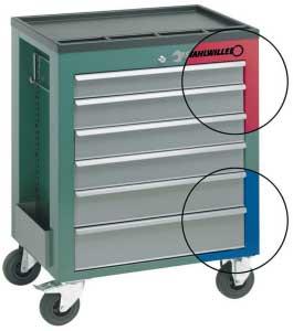 00 84003 93B blue, AL 2703035 39 0.00 98 Mechanics tool trolleys with 6 drawers on telescopic rails, can be opened from both sides.