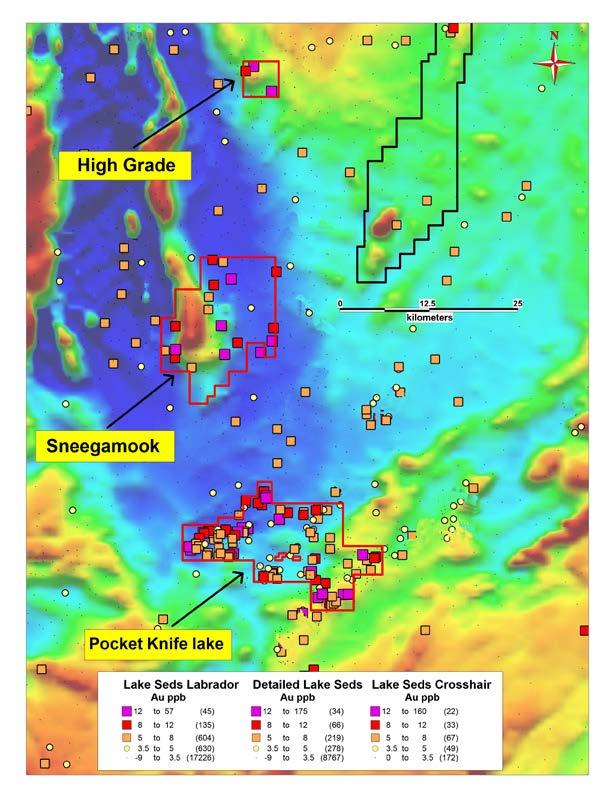 Nain Geochemistry Gold in lake sediments No known gold exploration ever undertaken at Sneegemook or Pocket Knife Lake Sneegemook has largest population of >99% percentile gold in lake