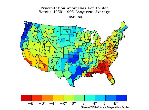 El Niño year precip anomalies Oct 1997- Mar 1998