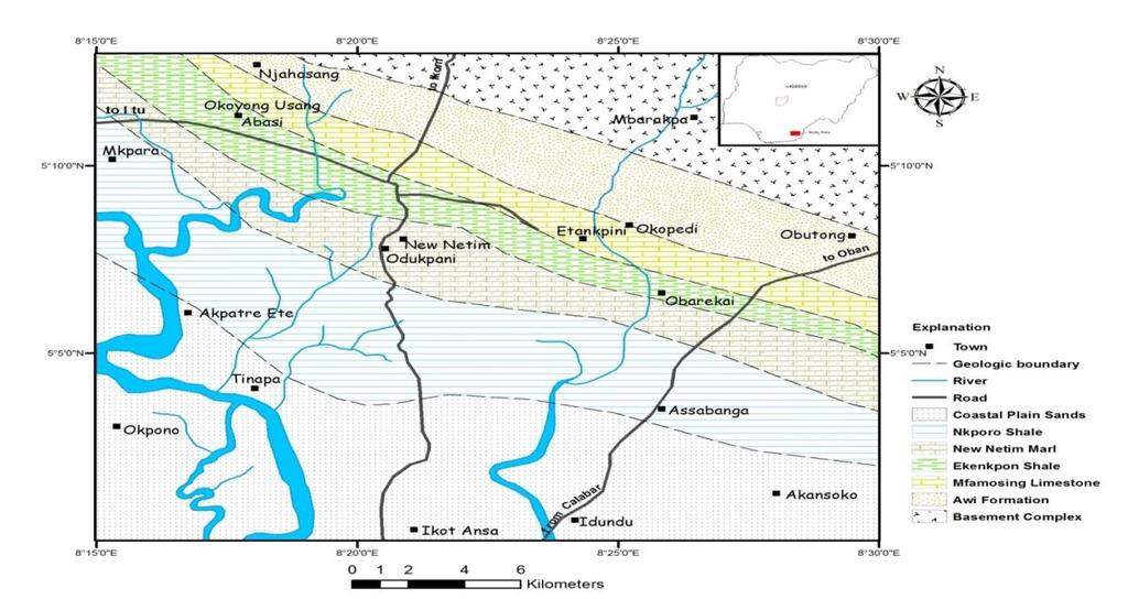 Study Area Figure I: Map showing the stratigraphic units of Calabar Flank (Nyong, 1995).