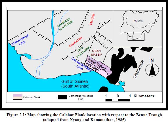 The basin according to Nyong ( 1995 ) is bounded the southern rim of Oban Massif in the north, Calabar hinge line separates the basin from Niger
