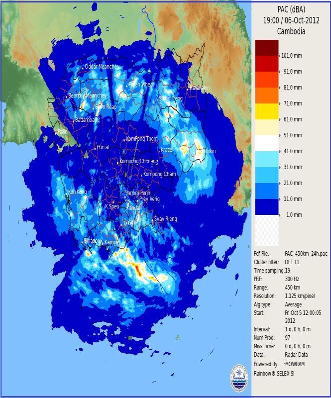 Figure4: Accumulative rainfall during GAEMI Cross into Cambodia at 12 UTC (19:00 Local Time in Cambodia), 06 Oct, 2012.