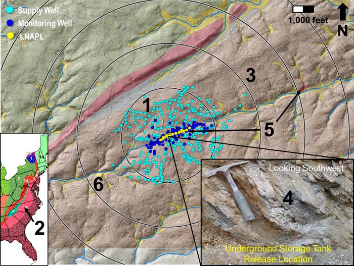 Figure 2-9. Case study demonstrating terrane-inﬂuenced migration of LNAPL within foliated, metamorphic rock and trellis drainage system surrounded by groundwater supply wells.