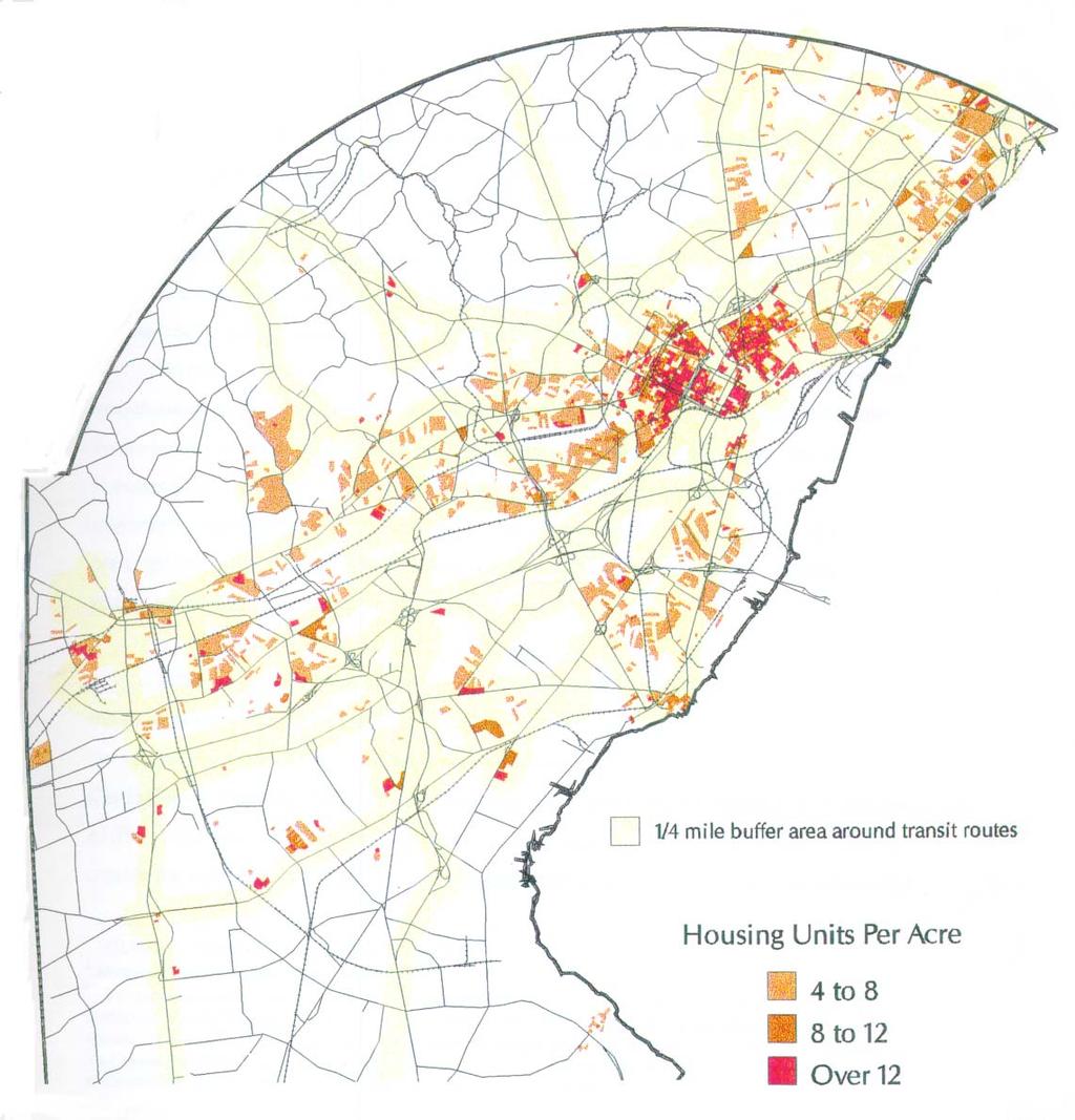 Figure 98, Housing Densities in New Castle county with 1/4 mile