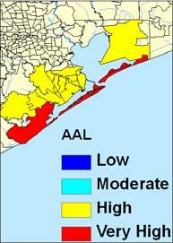 following the text contains normalized AAL values aggregated to the county level for both Galveston and New York City. Notice that higher AAL in Galveston indicates a greater risk.