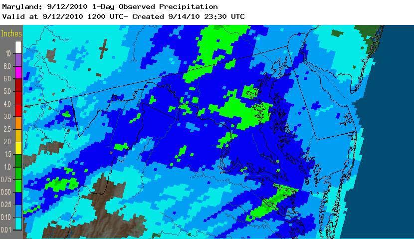 Figure 16: Spatial distribution of precipitation observed in the Potomac basin on September 12, 2010.