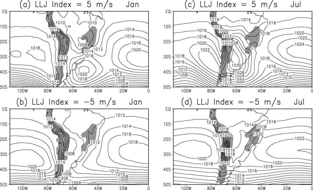 1260 JOURNAL OF CLIMATE VOLUME 17 FIG. 15. (a), (b) Jan and (c), (d) Jul SLP fields associated with different LLJ indices, obtained using the linear regression against the 15-yr daily LLJ index.