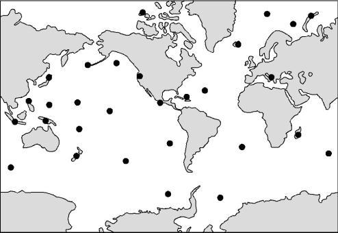 11. The following maps show the position of the Earth s continents and oceans. The s on each map mark the locations where volcanic eruptions occur on land.