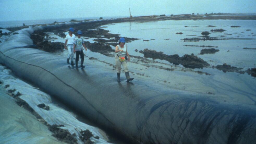 Large Geotextile Tubes are used for beach erosion control.