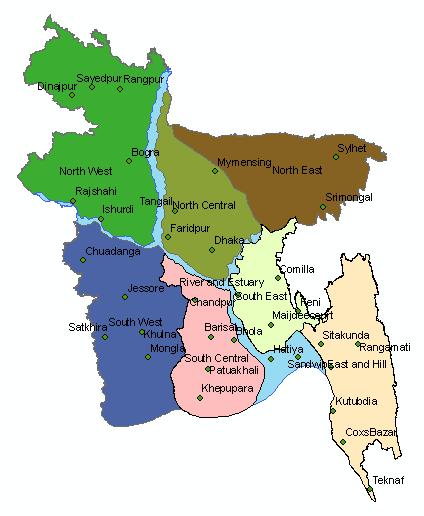 Hydrological Regions of Bangladesh Eight hydrological planning regions of Bangladesh classified by Water Resources Planning Organization to facilitate water management of the country.