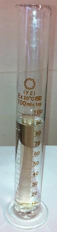Figure 8: A measuring cylinder with water. A measuring cylinder is used to measure volumes that you want accurate to the nearest millilitre or so. It is not a highly accurate way of measuring volumes.