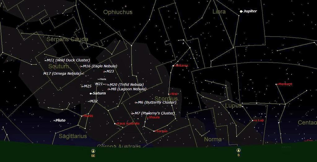 The biggest difference in the sky will be seen when we look south as shown in the chart below. Saturn is much higher in the sky in Sagittarius and almost the entire constellation has risen.
