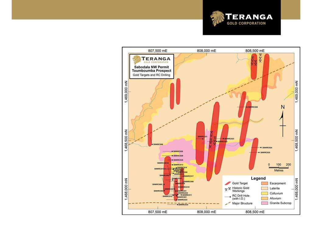 TOUMBOUMBA* Targets identified by RAB program are the subject of the current RC program To date, 49 RC holes, 8,748m completed Continues to return wide auriferous zones Oxide mineralization of up to