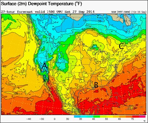 Figure 9. (Synthesis) Dew point temperatures (in Fahrenheit) expected at 15 UTC 27 September 2014.