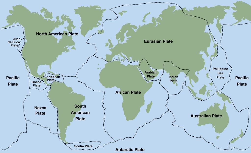 (b) The rigid outermost shell of the Earth is broken up into sections as shown below. These sections are known as tectonic plates.