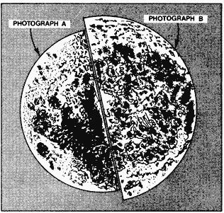 4. The diagram below represents two photographs of the Moon, A and B, taken at full moon phase several months apart. The photographs were taken using the same magnification.