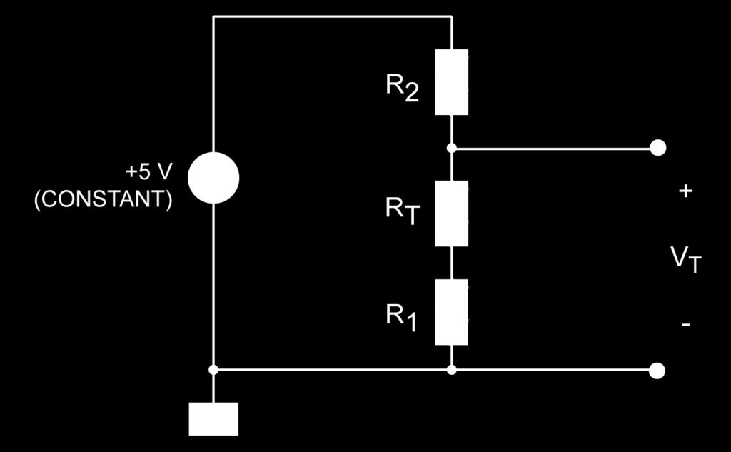 R1, R T, and R2 are connected in a voltage divider configuration with a 5V source, which will be provided from your lab power supply.