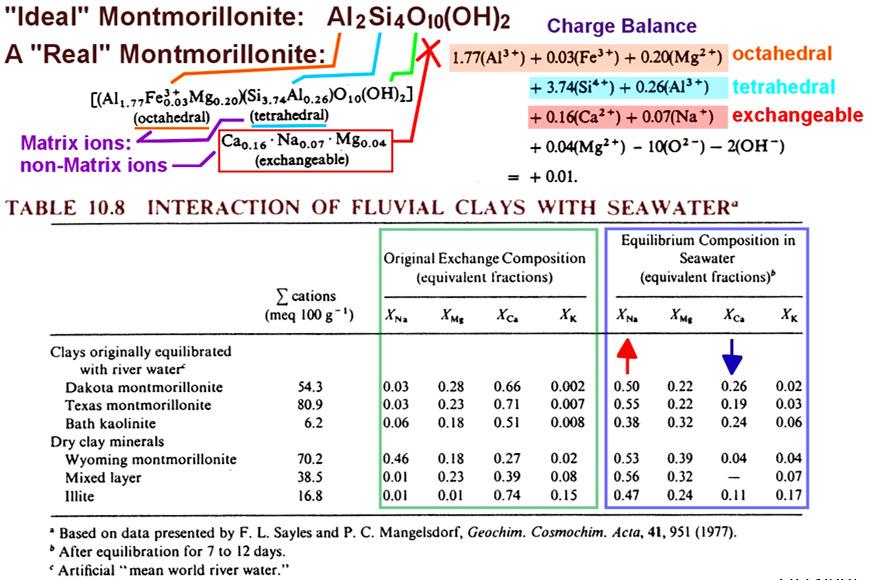 An example Ion Exchange for a montmorillonite clay in river (fresh) water and sea (salty) water is given below. This clay has: [0.16 mole Ca 2+, 0.07 mole Na + and 0.