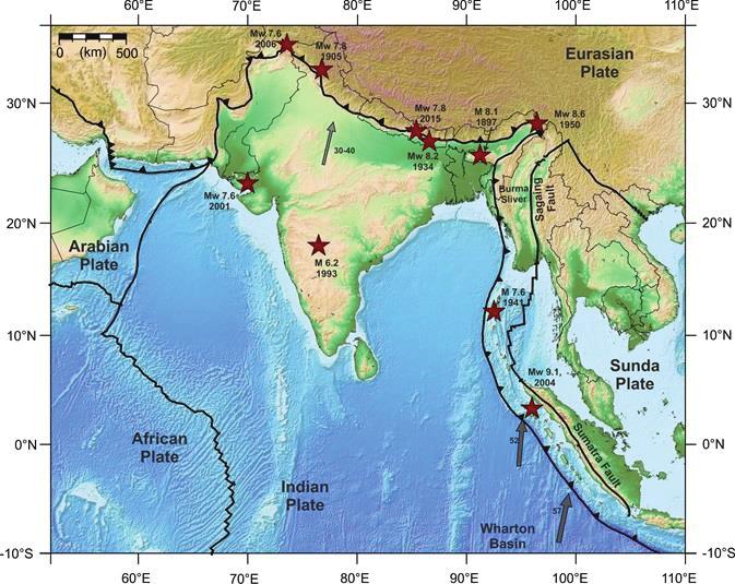 Figure 7. India-Eurasia plate boundary showing some of the significant earthquakes. Two intraplate earthquakes in 1993 (Killari) and 2001 (Bhuj) are also shown. events.