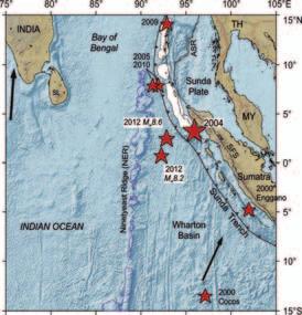 Figure 8. (A) The 2004 great earthquake which ruptured about 1300 km of the Andaman-Sumatra plate boundary (identified as white patch) and also generated a transoceanic tsunami.