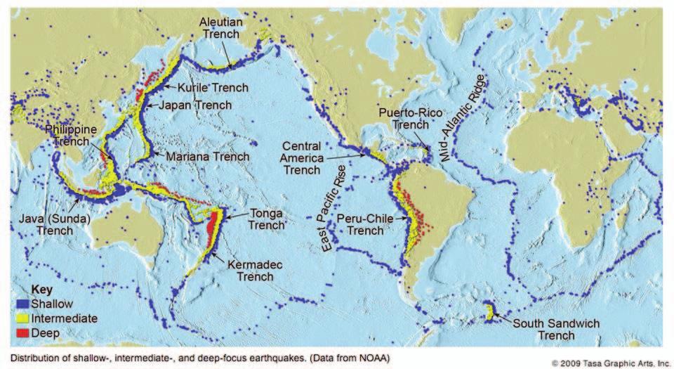 Figure 2. Major plates and distribution of earthquakes. (Image courtesy: Dennis Tasa, Tasa Graphic Arts, Inc.